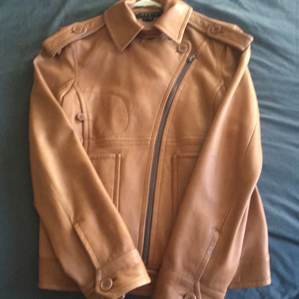 Leather Slim Moto Jacket Camel colored